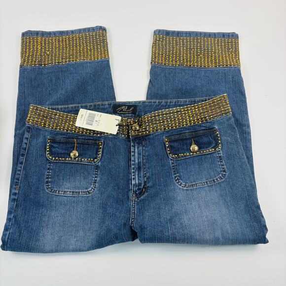 Platinum Plush Jeans Pants Women's 21 Blue Wide Straight Leg Cropped Embellished - Picture 10 of 16